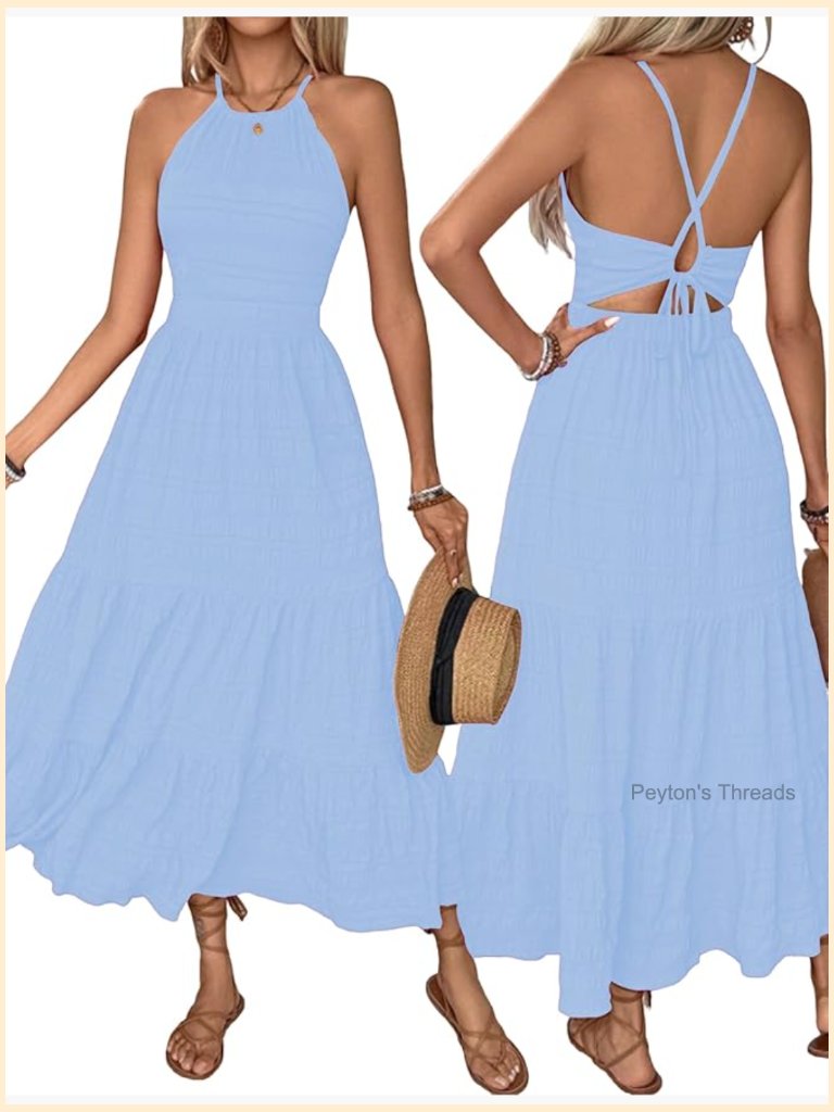 Sleeveless Halter Neck Ruffle Hem Maxi Dress With Pockets